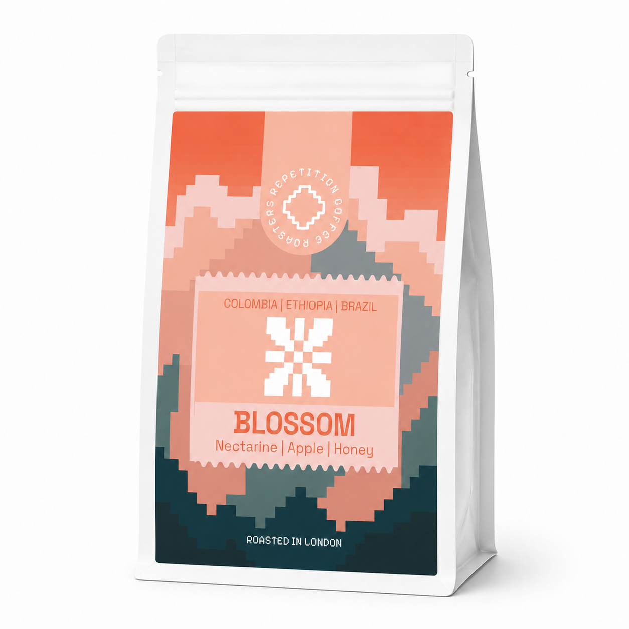 Bag of Blossom coffee beans by Repetition, a floral nectarine and honey blend roasted in London