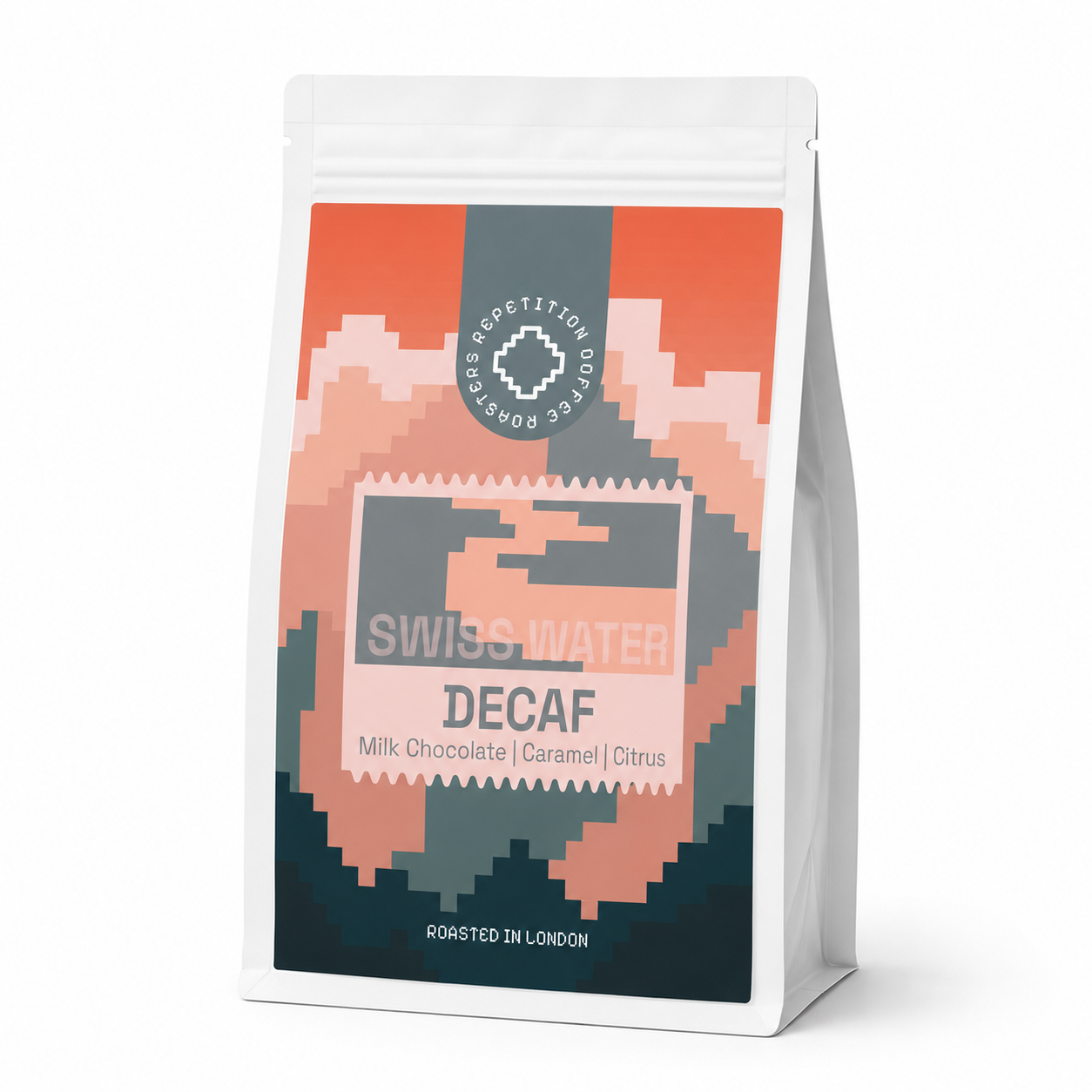 Bag of Swiss Water decaf coffee beans by Repetition, roasted in London