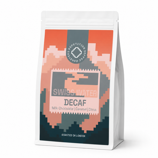 Bag of Swiss Water decaf coffee beans by Repetition, roasted in London
