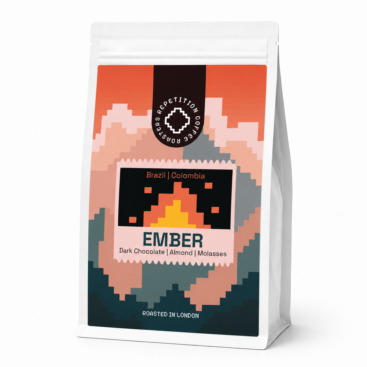 Bag of Ember coffee beans by Repetition, a dark chocolate and molasses blend roasted in London