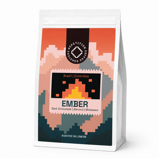 Bag of Ember coffee beans by Repetition, a dark chocolate and molasses blend roasted in London