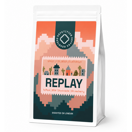 Bag of Replay coffee beans by Repetition, a toffee and milk chocolate blend roasted in London