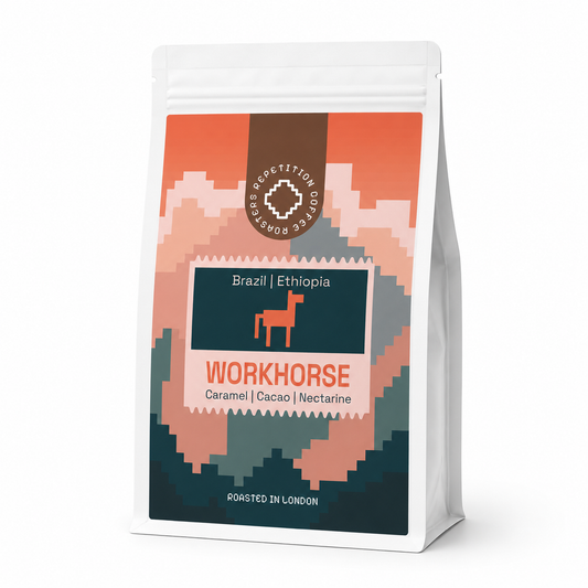 Bag of Workhorse coffee beans by Repetition, a caramel and cacao blend roasted in London